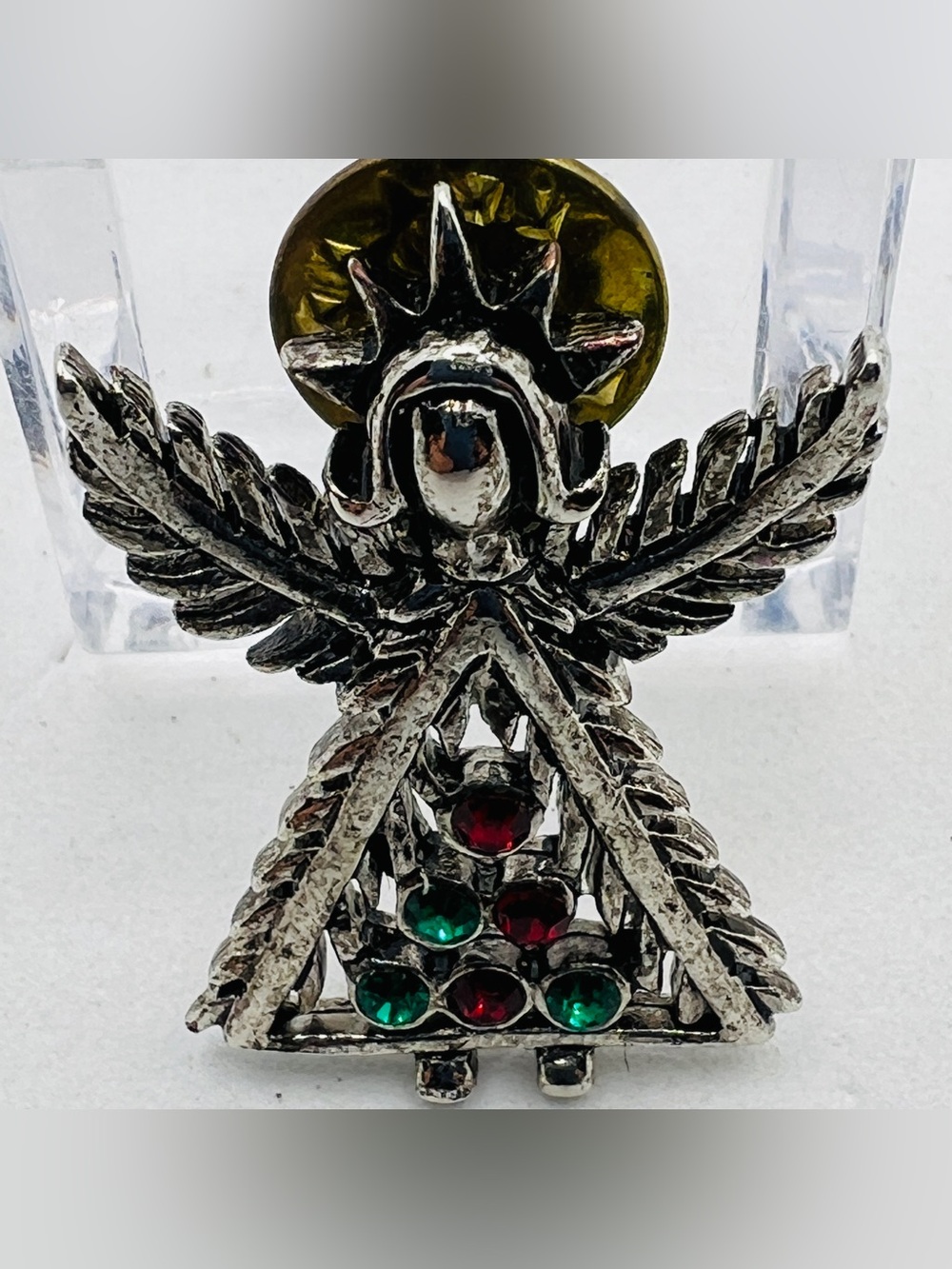 Holiday Angel Brooch with Red and Green Rhinestone Christmas Tree Accent